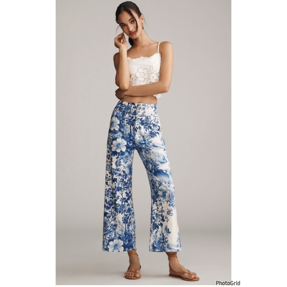 Anthropologie Pants - Anthropologie Colette Printed Linen Crop Wide Leg Pants 33 White Blue Floral NEW